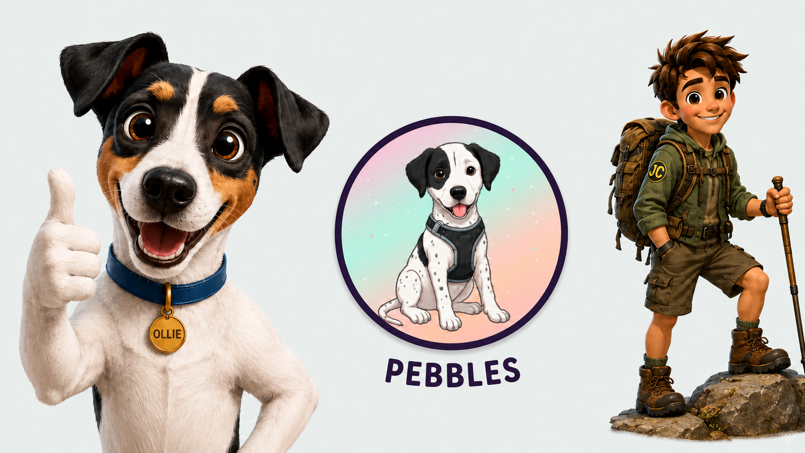 Ollie the Quiz Master, Pebbles and JC adventure character